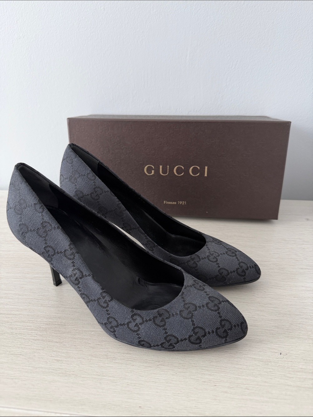 Gucci Gray GG Canvas Pointed-Toe Pumps